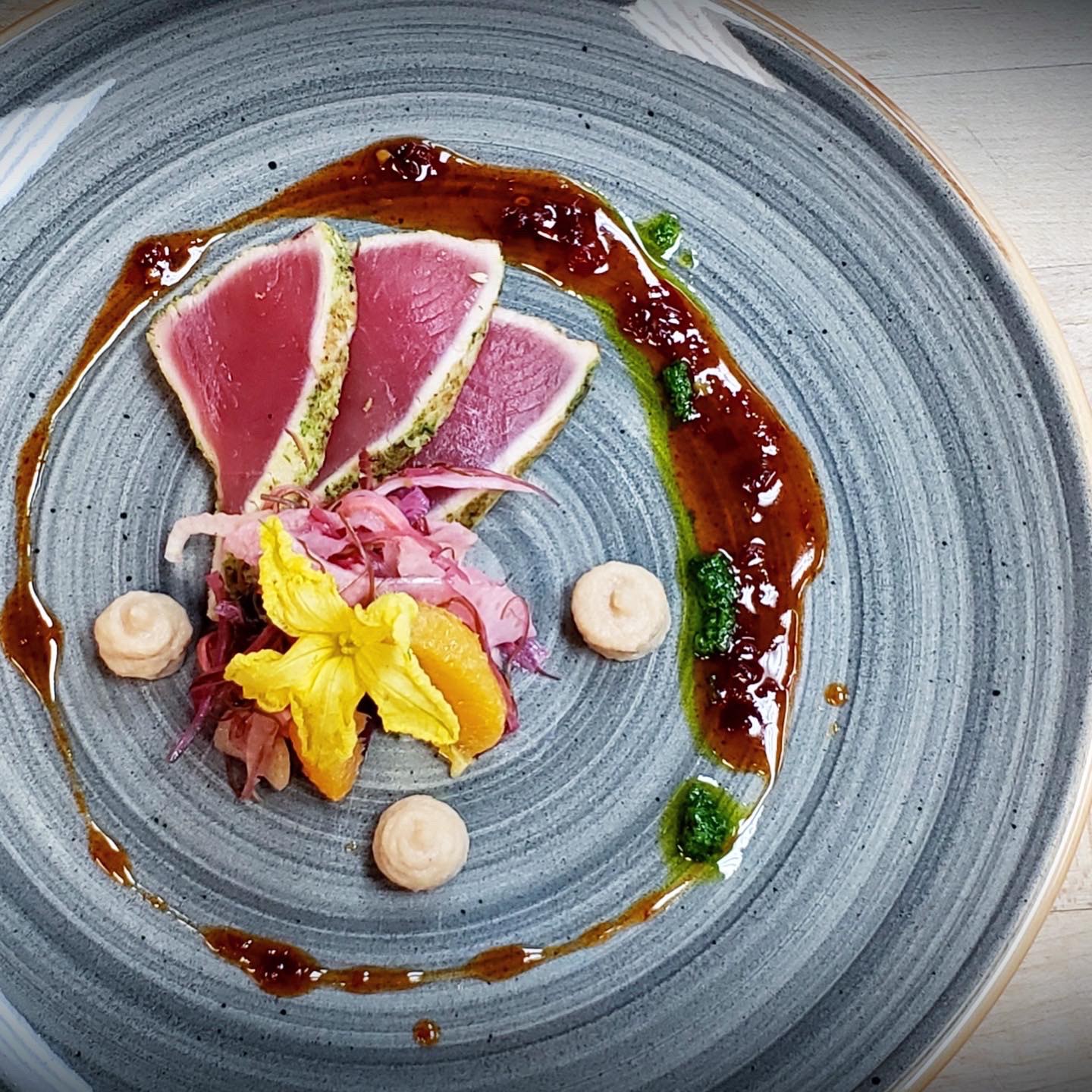 seared albacore tuna smoked shoyu calabrian chili glaze miso cannellini puree fennel citrus seaweed salad - eat alabama seafood on albacore tuna recipes seared