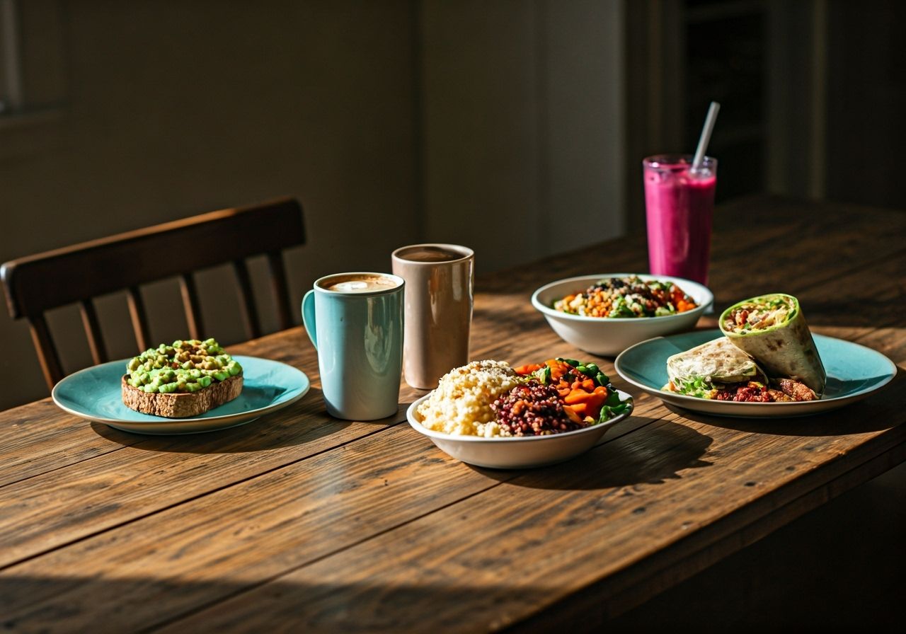 Healthy Texas breakfast table featuring six colorful dishes to break your fast — avocado toast, yogurt parfait, wraps, quinoa bowls, rice bowls, and smoothies — set in warm morning light with coffee mugs and rustic charm.