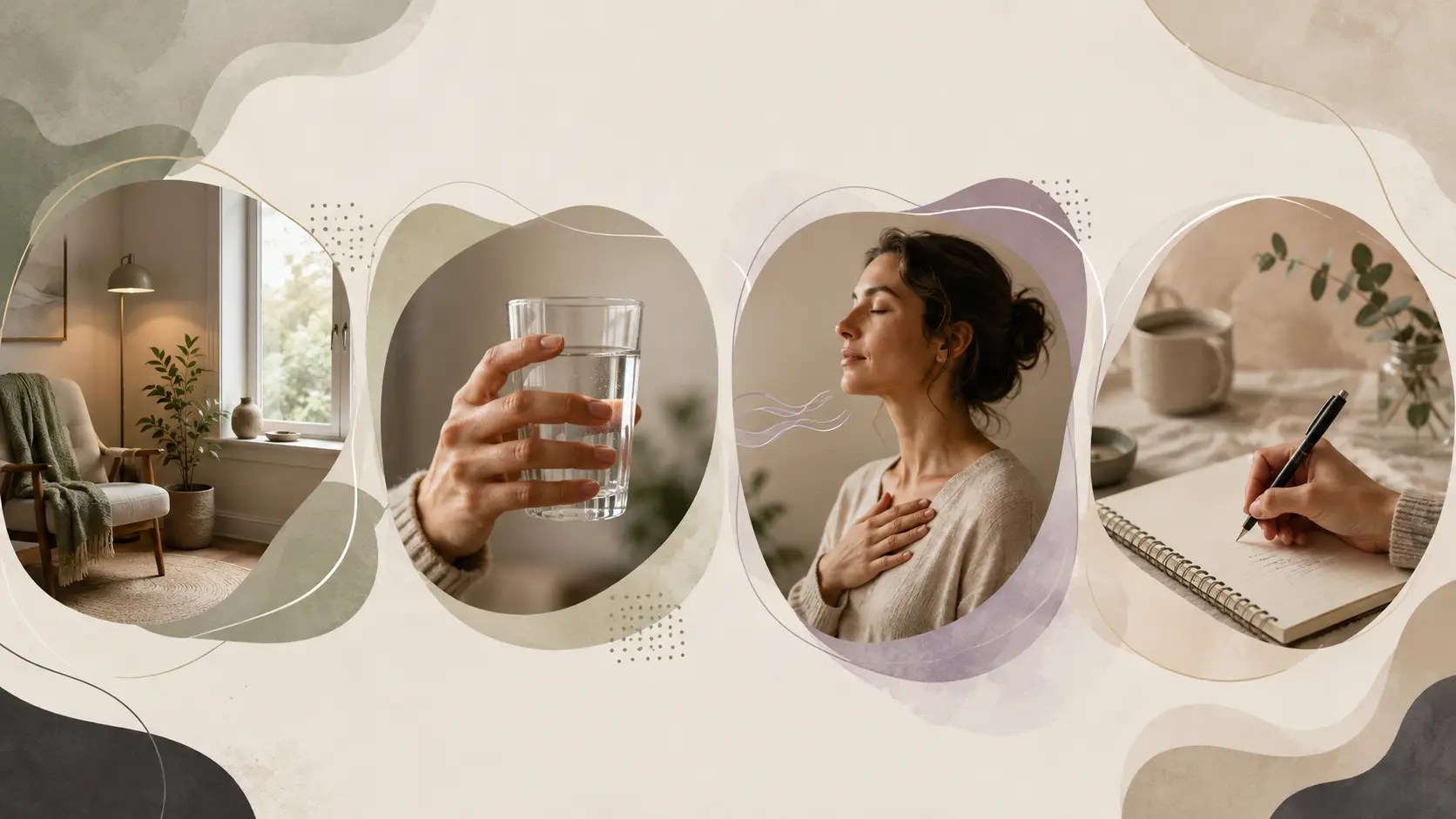 Vier ruhige Bildmotive zeigen einen sicheren Raum, ein Glas Wasser, bewusstes Atmen und das Notieren eines kleinen nächsten Schritts.