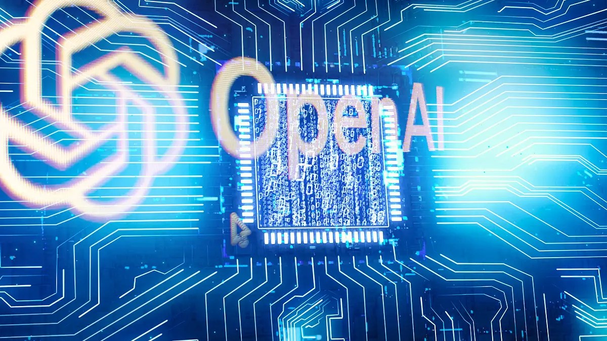 OpenAI logo against a blue computer chip background