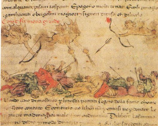 Illustration of cherubs shooting arrows onto people