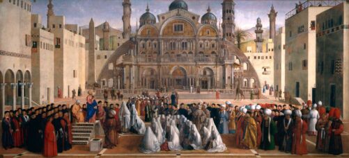 Painting of a large plaza with an arched building in the background