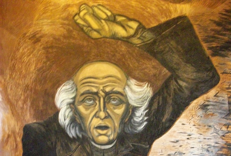 Painting of a white man, bald on top and with white hair. He's dressed in black, as a priest. One hand is held aloft in a fist.