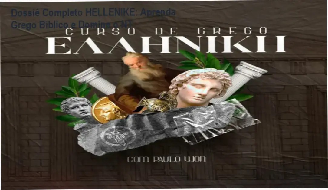 Imagem promocional do curso HELLENIKE mostrando benefícios e bônus para aprender grego bíblico online
