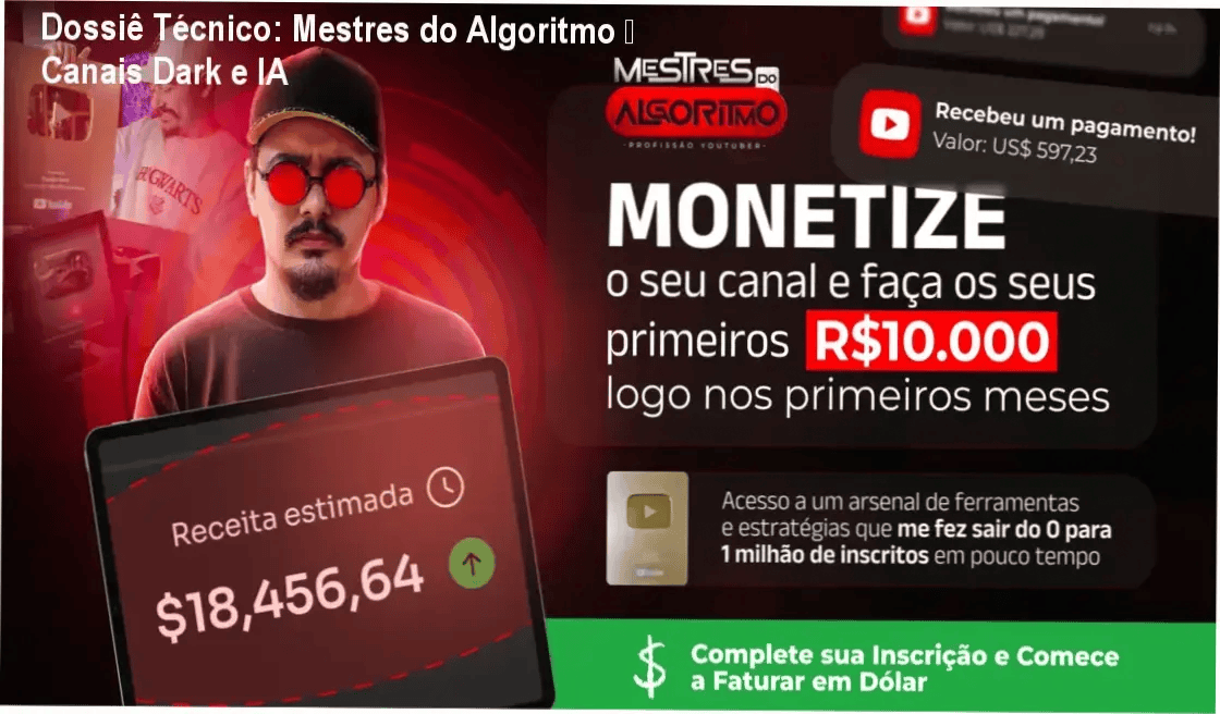 Capa do ebook Mestres do Algoritmo mostrando estratégias de canais dark e automação com IA