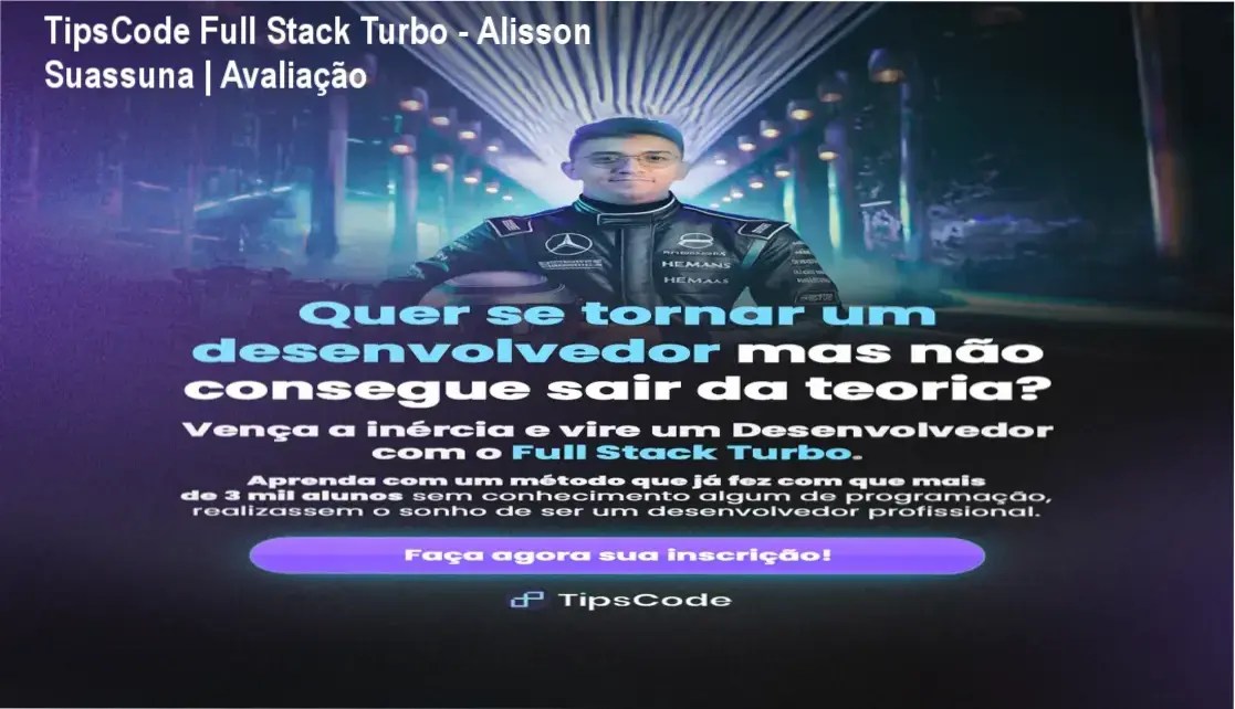 Interface do curso Full Stack Turbo da TipsCode com foco em desenvolvimento web e projetos reais