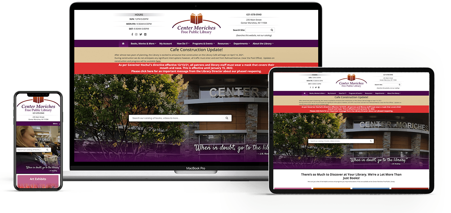 cml Center Moriches Library website views on laptop, mobile, and tablet