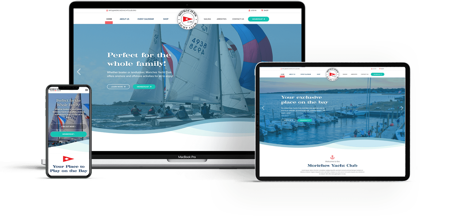 Moriches Yacht Club website views on laptop, mobile, and tablet