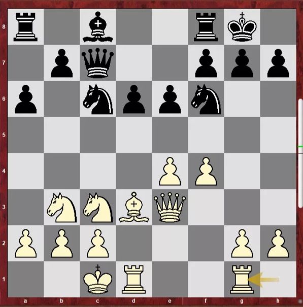 13.Thg1 !, Spassky prépare g4! pour chasser le Cf6
 diagramme échecs