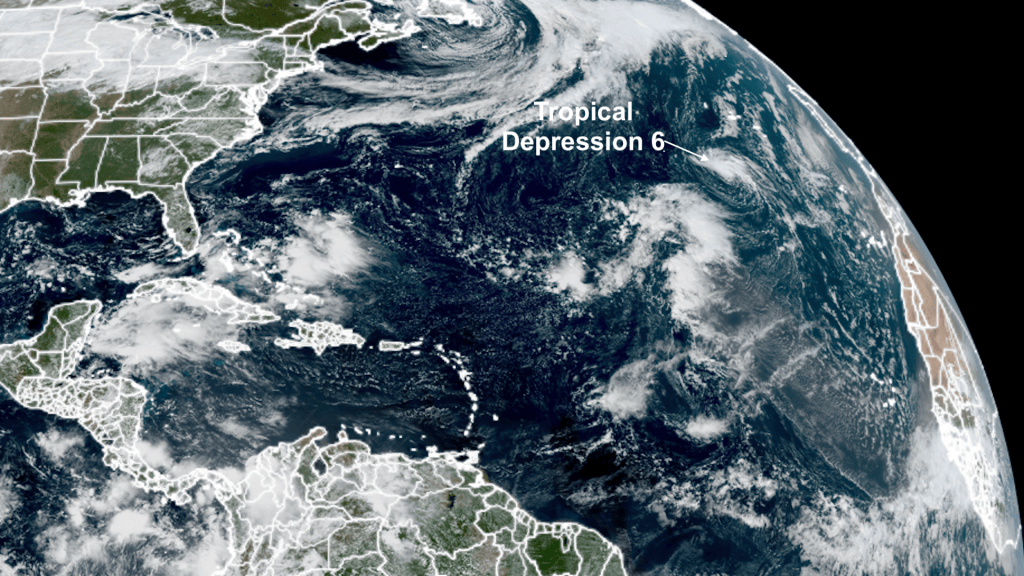 Image accompanying: Atlantic remains hurricane-free as Tropical Depression Six forms near the Azores