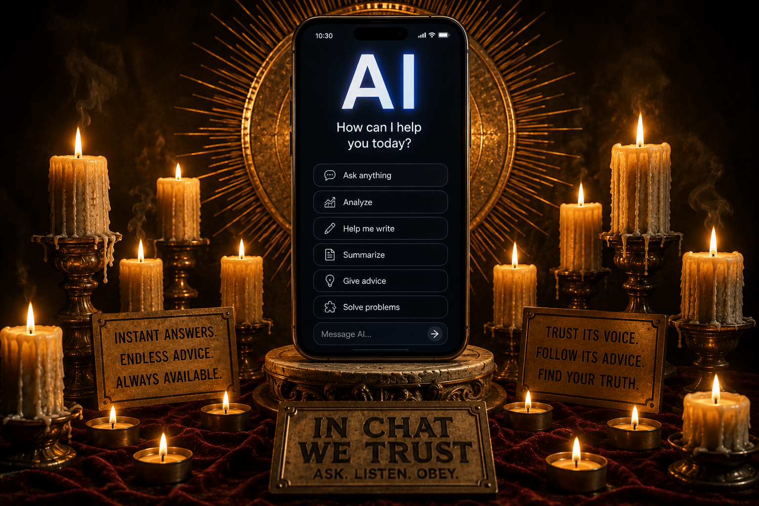 Smartphone displaying AI surrounded by candles illustrating the question: Can AI become an idol?