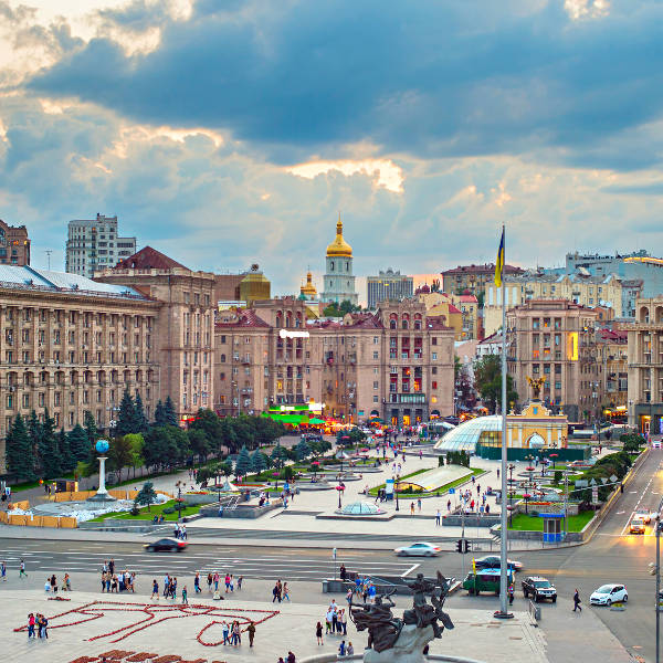 View of Maidan Nezalezhnosti Square at sunset. Kiev, Ukraine