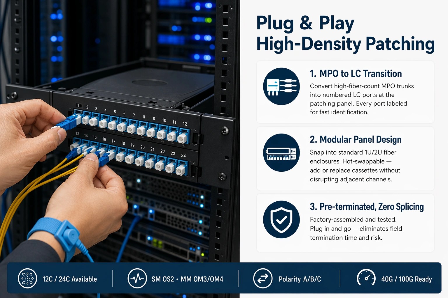 Application graphic showing slim MPO cassette modules in a high-density fiber patching layout