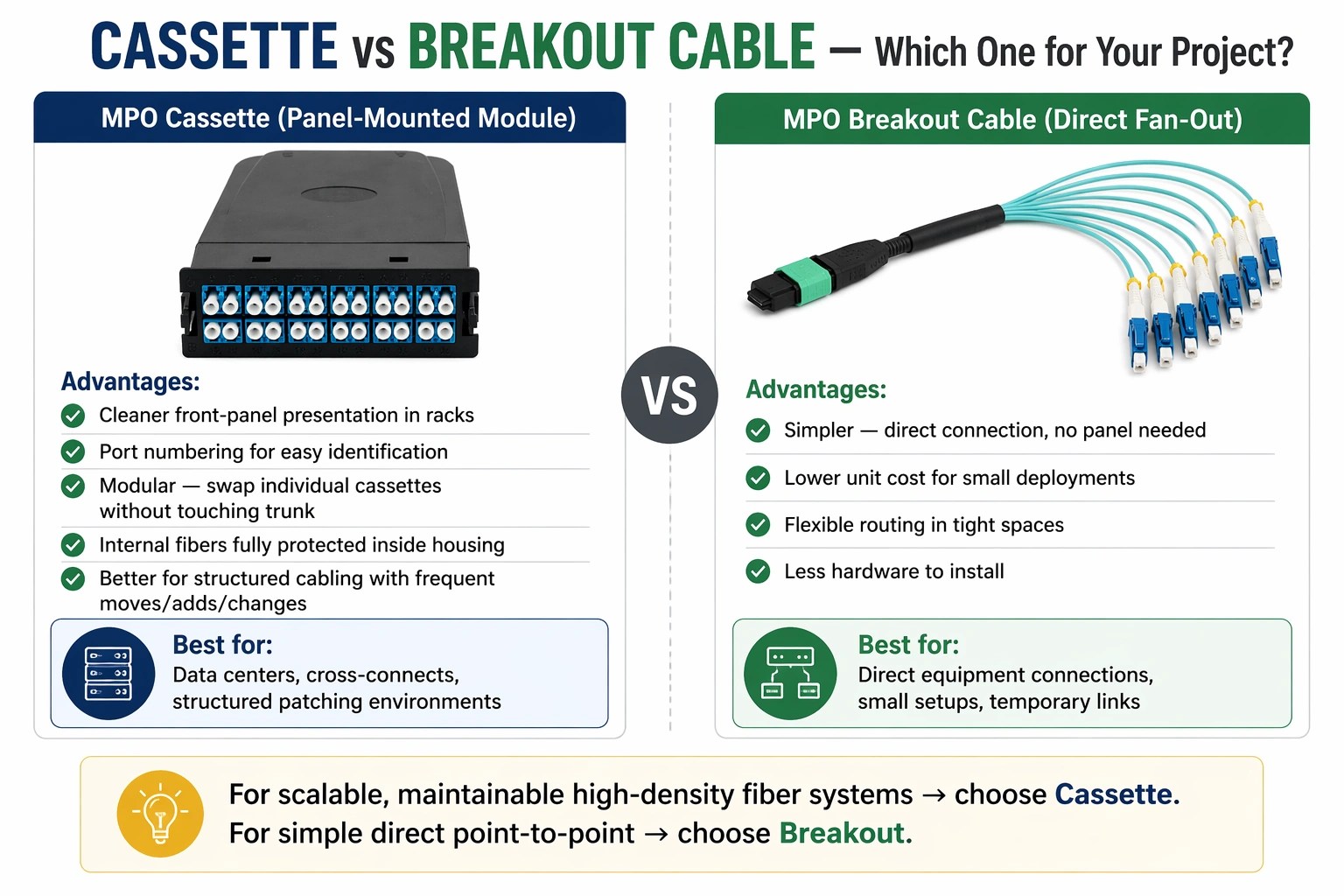 MPO cassette and patch cord for high-density data center connectivity