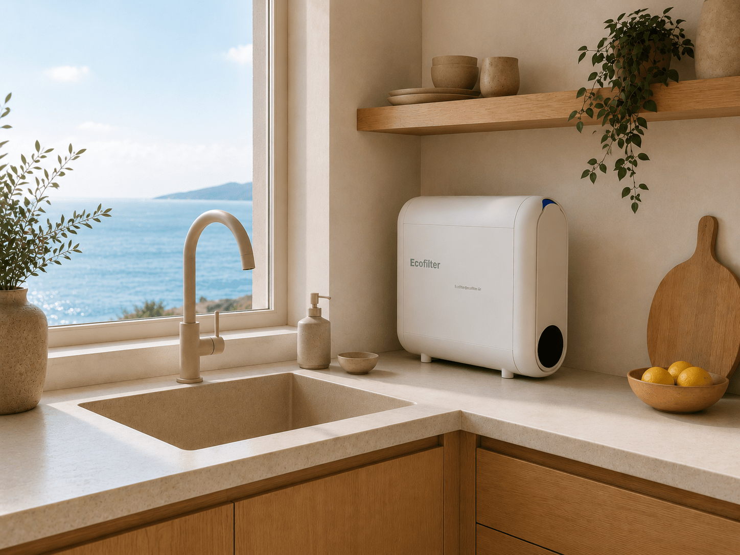 Ecofilter under-sink water filtration system installed in a modern coastal kitchen
