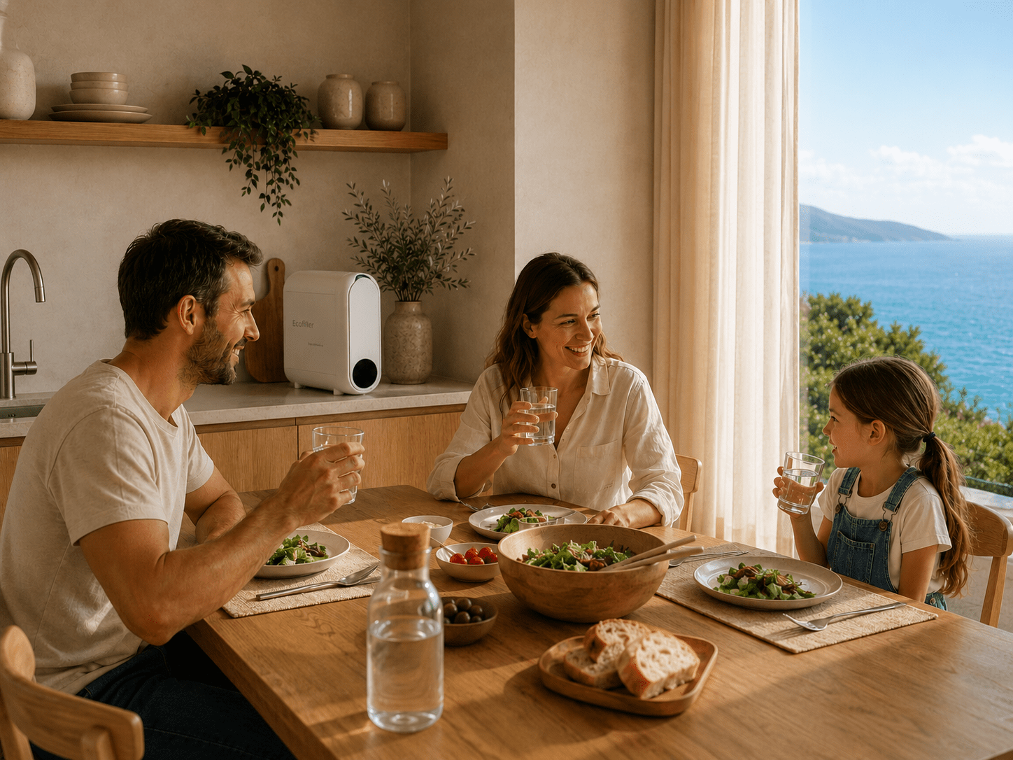 Family drinking clean filtered water together at a dining table