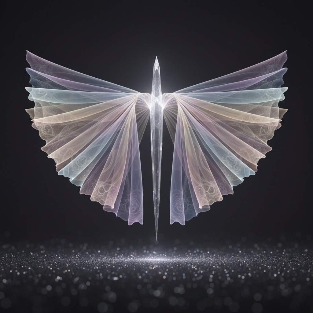 Un fleuve d'illumination éclaire les ailes lumineuses évoquant une créature céleste.