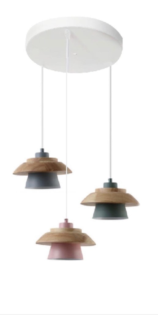 set of three pendant lights in wood and metal