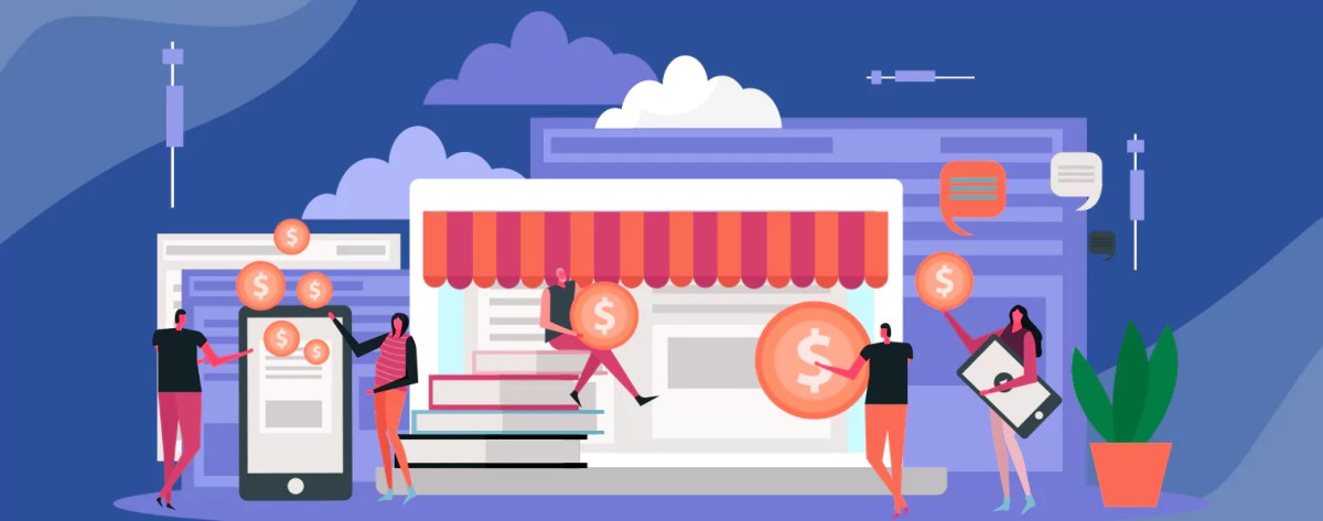 Modern digital interface showing B2B e commerce platform with analytics, product listings, and secure transaction icons