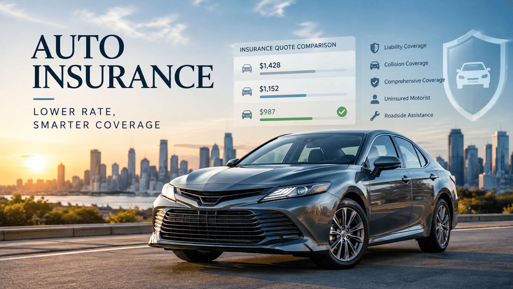 Auto insurance comparison showing a modern sedan with insurance quote rates, coverage options, and a protection shield, illustrating how drivers can find lower rates while maintaining coverage.