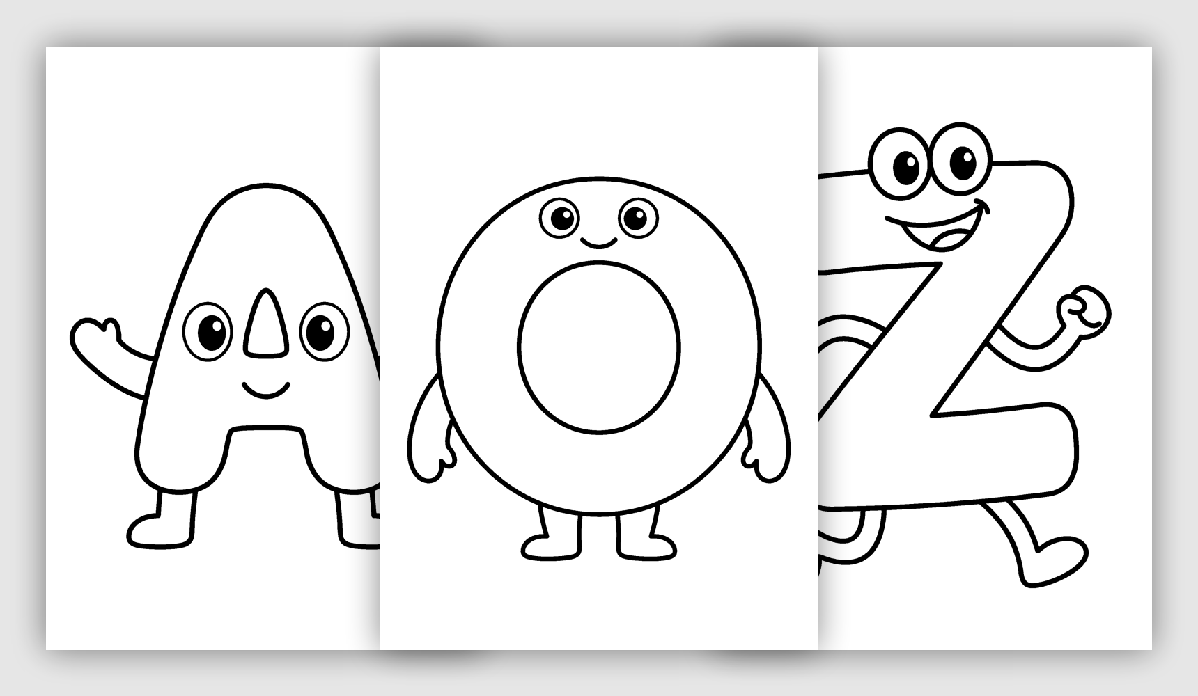 Education & Learning Coloring Pages Cute alphabet letters A, O, and Z with smiling faces, black-and-white printable illustration for
