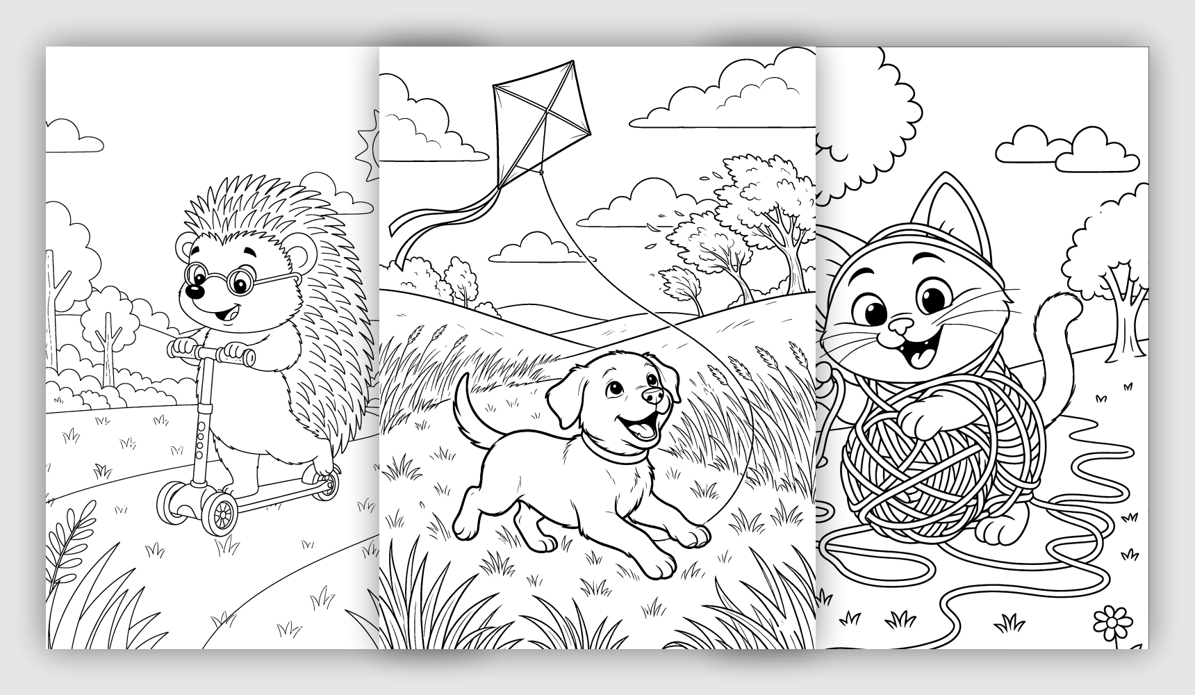 Printable animal coloring pages featuring pets, farm animals, wildlife, forest animals, and birds.