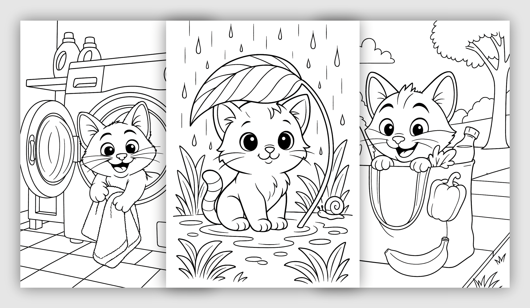 Animal Coloring Pages with cute cats in playful and cozy scenes