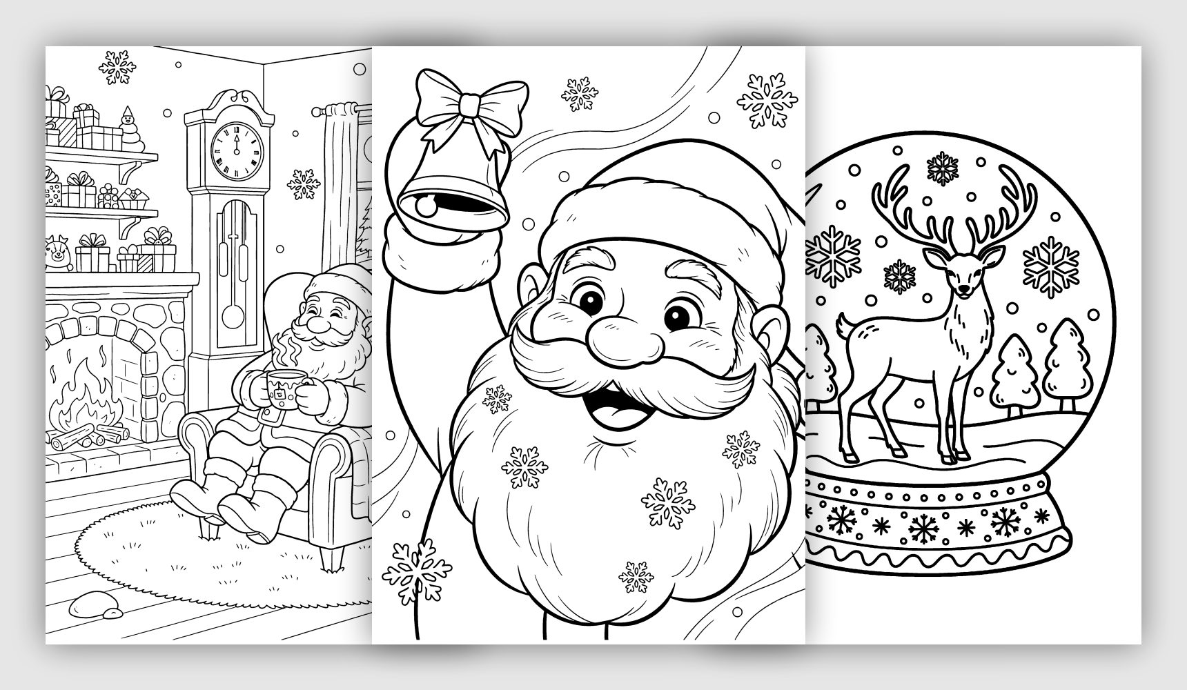 Christmas coloring pages with Santa and festive winter decorations