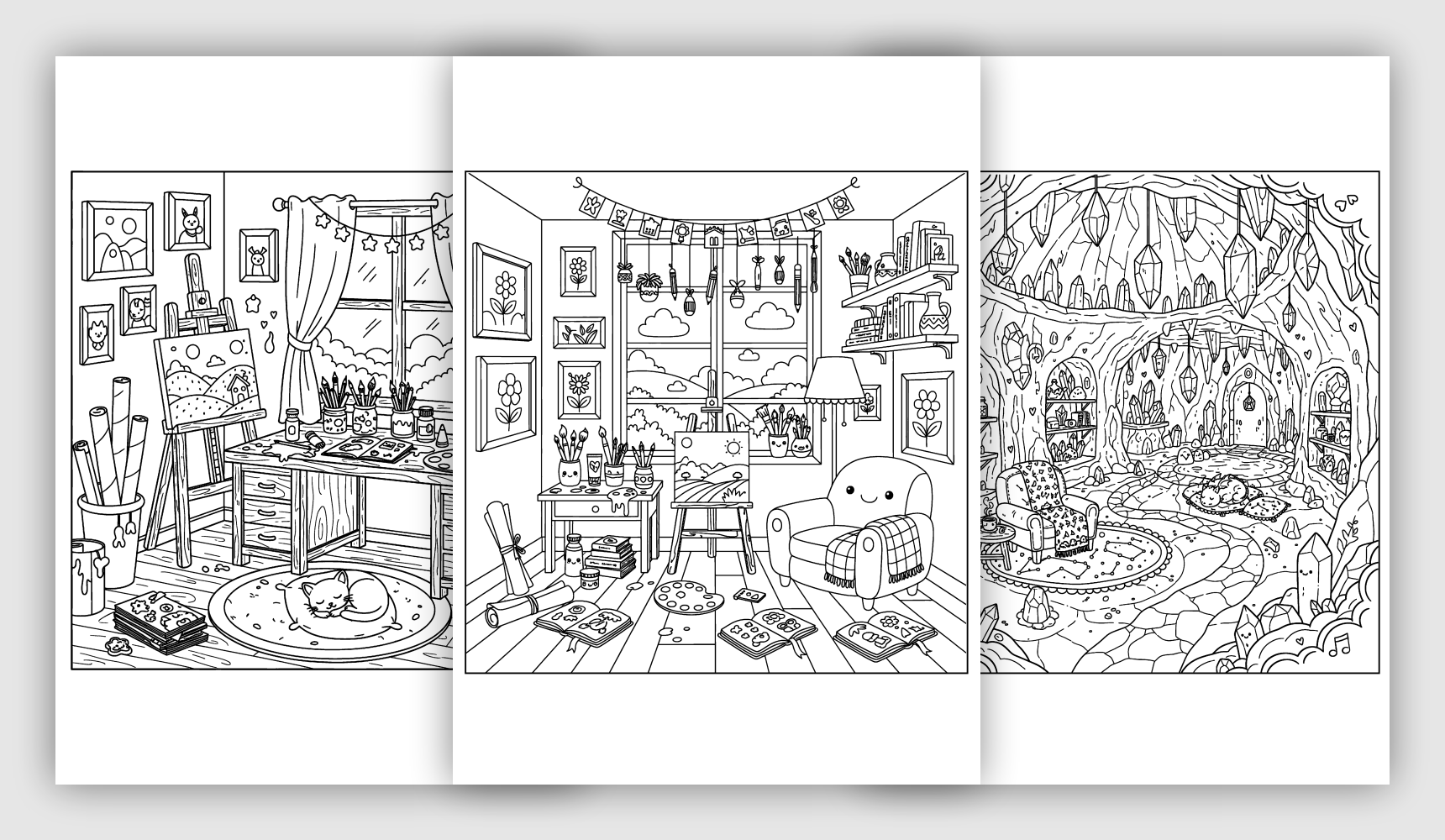 cozy interior coloring pages with warm rooms and home details