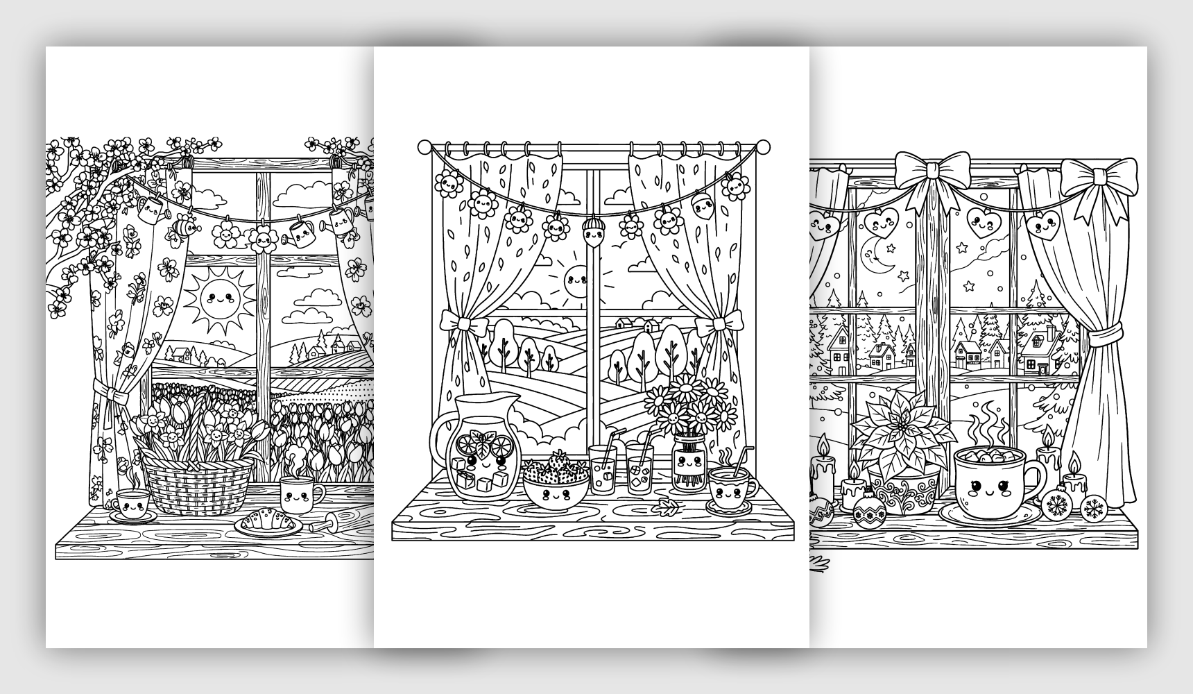 Cozy window scene with curtains, plants, and small decorative details