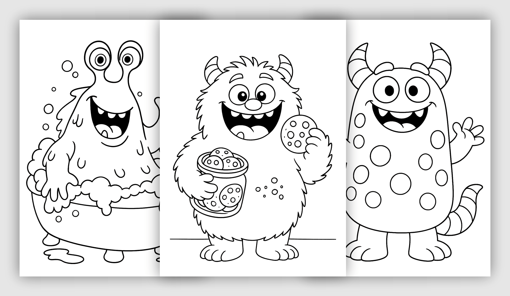 Cute monster coloring sheets with playful fantasy characters and fun expressions