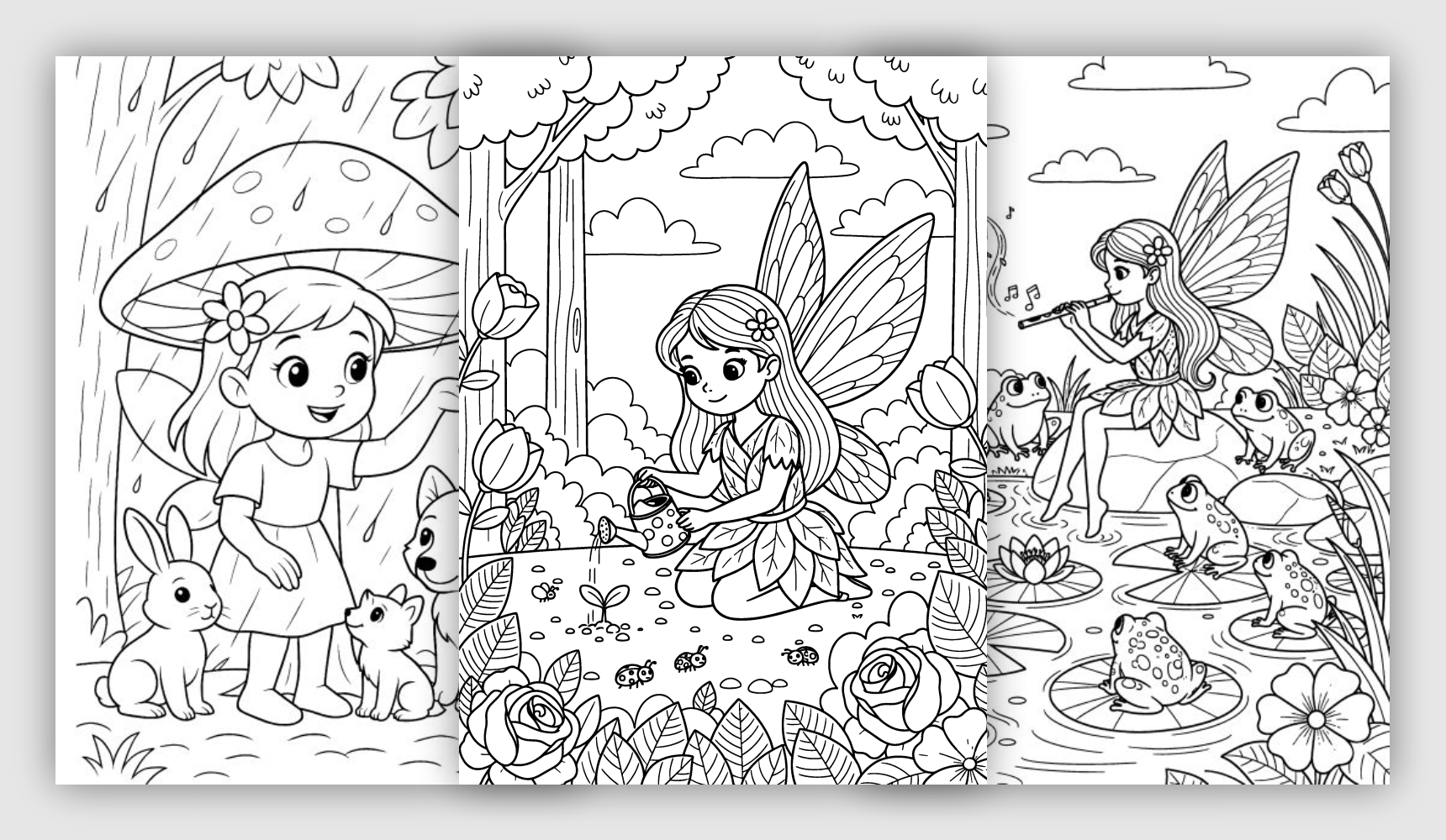 Fairy coloring pages with magical fairies, forest scenes, and fantasy details