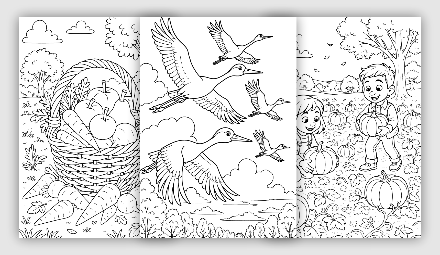 Seasonal Coloring Pages featuring autumn scenes with pumpkins, falling leaves, birds, and cozy nature details