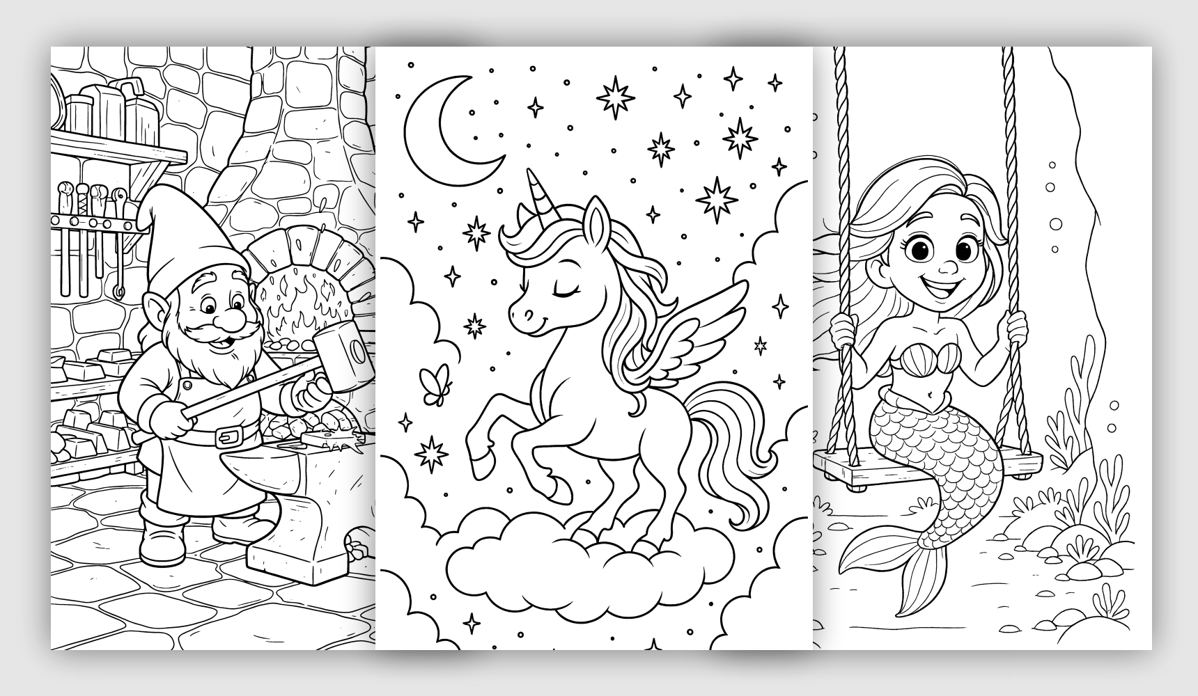 Fantasy printable coloring sheets with gnomes, unicorns, and fairy tale characters
