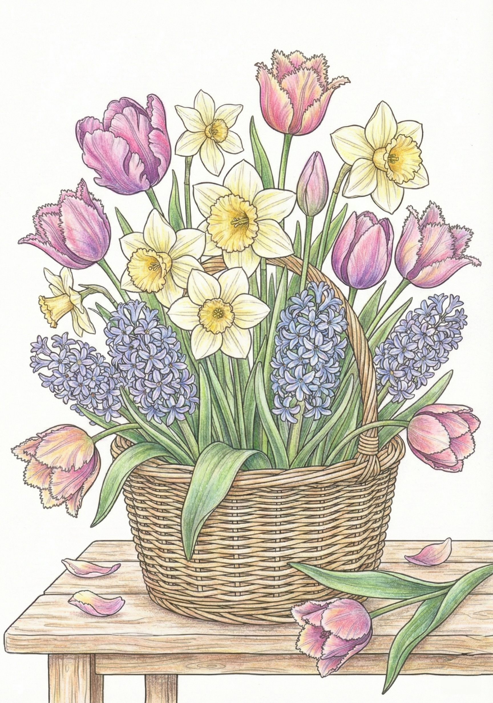 Spring coloring pages colored example showing a detailed basket of spring flowers, with black-and-white line art on the left and a softly colored version on the right, demonstrating natural spring color layering and shading techniques