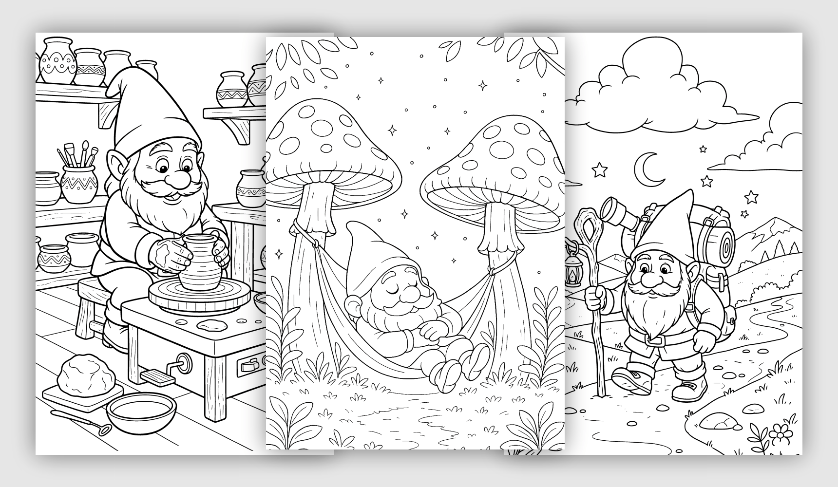 Gnome coloring pages with whimsical fantasy scenes and cozy storybook settings