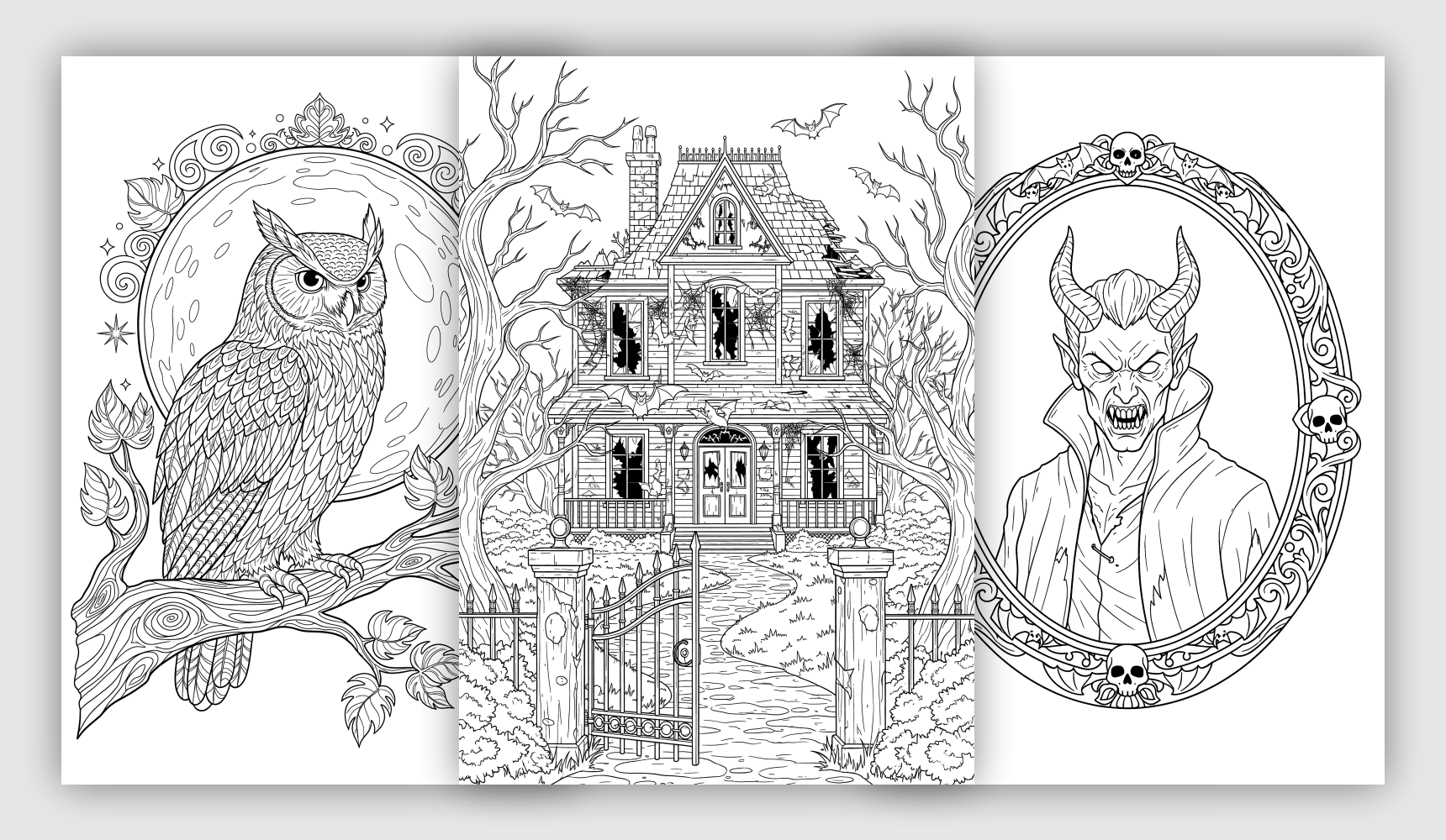 Halloween coloring pages for adults with detailed haunted scenes
