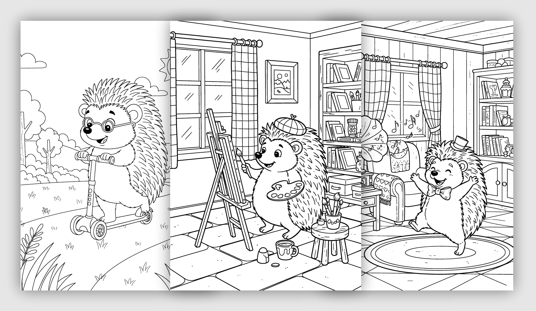 Cute hedgehog coloring printables with cozy home and nature scenes