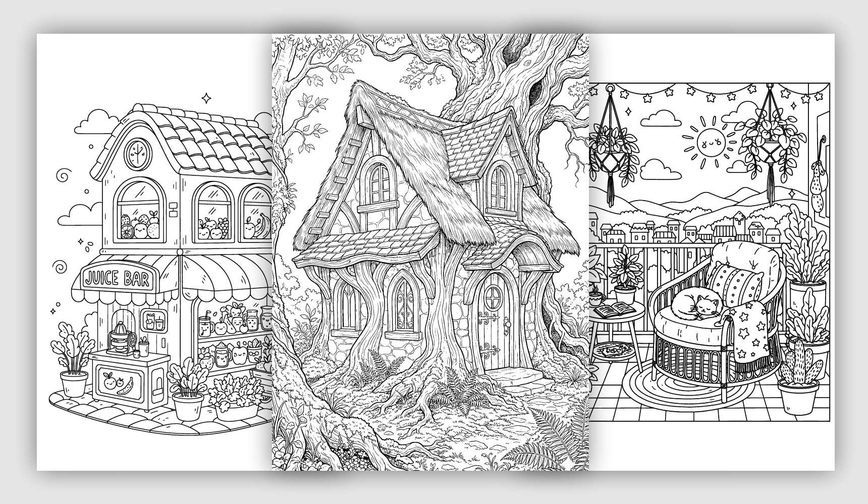 Printable coloring pages featuring houses, interiors, and architectural scenes