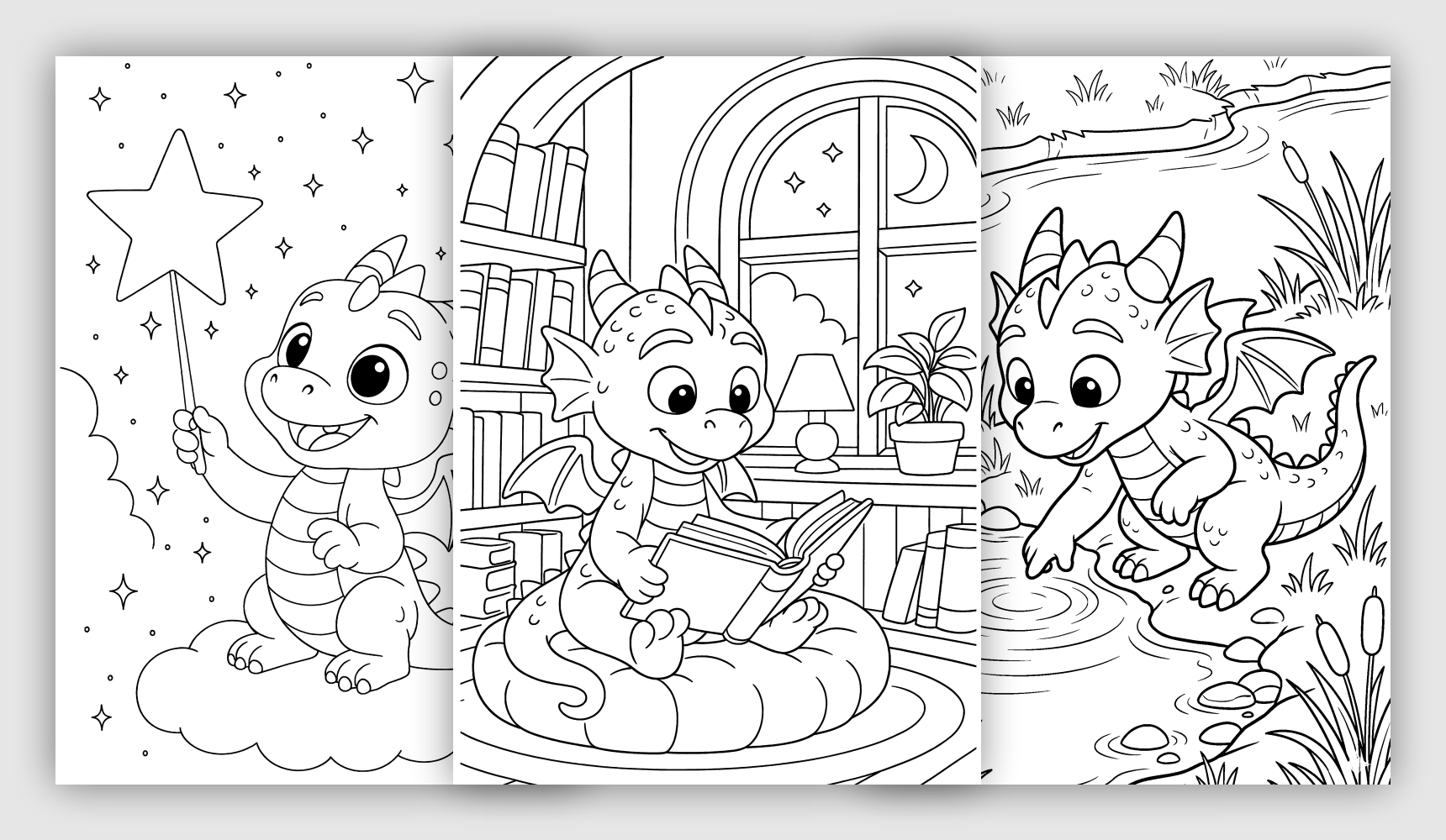 Little dragon coloring pages with cute fantasy dragons and magical settings