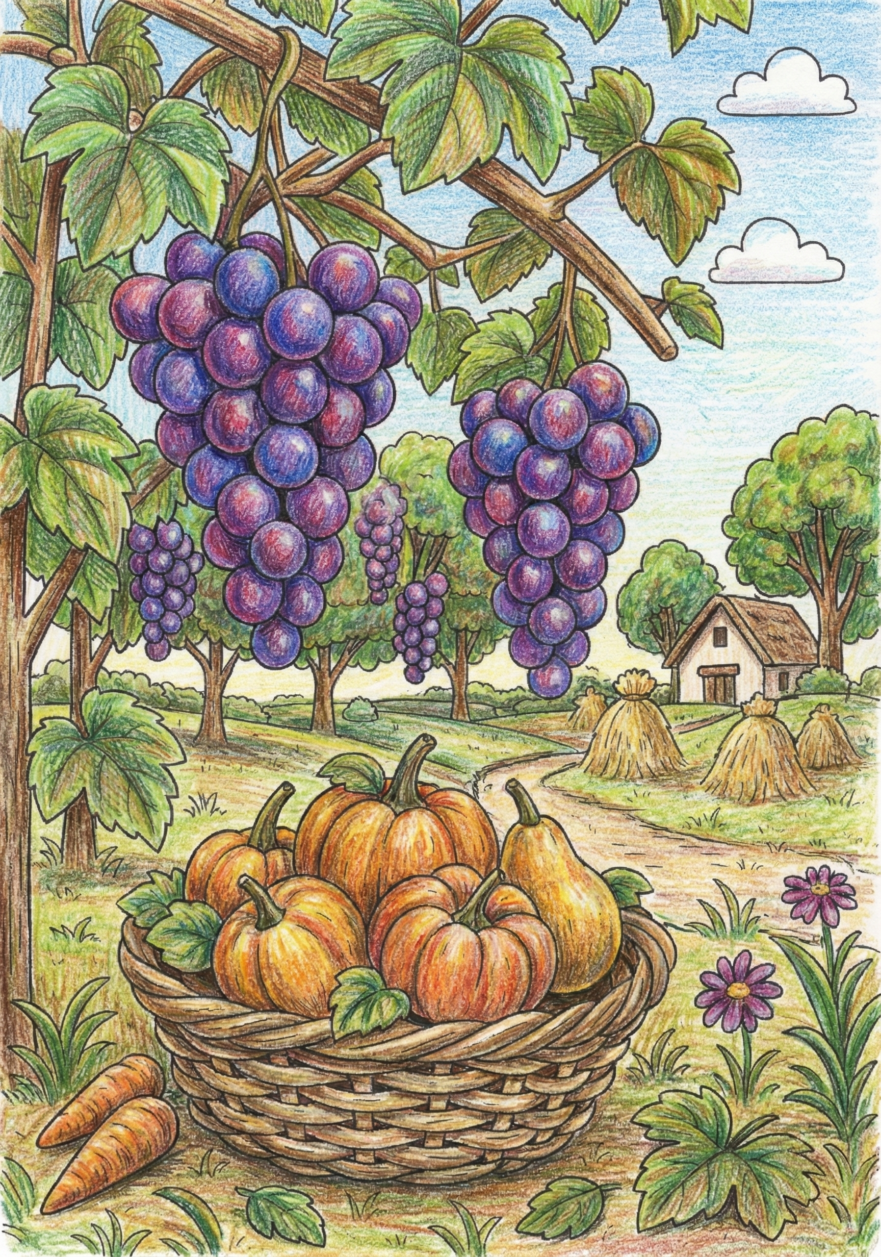 Autumn coloring page showing a harvest scene with grape clusters hanging from vines, a basket filled with pumpkins and pears, trees, farmhouse, haystacks, and flowers, presented as a black-and-white line art a colored example version
