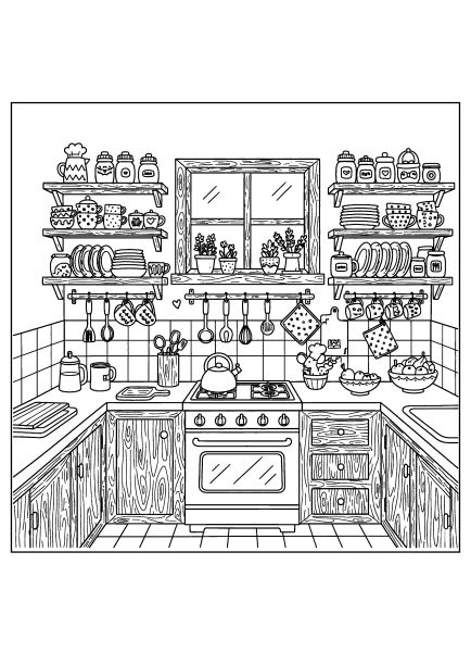 Modern kitchen with stove and open shelves coloring page