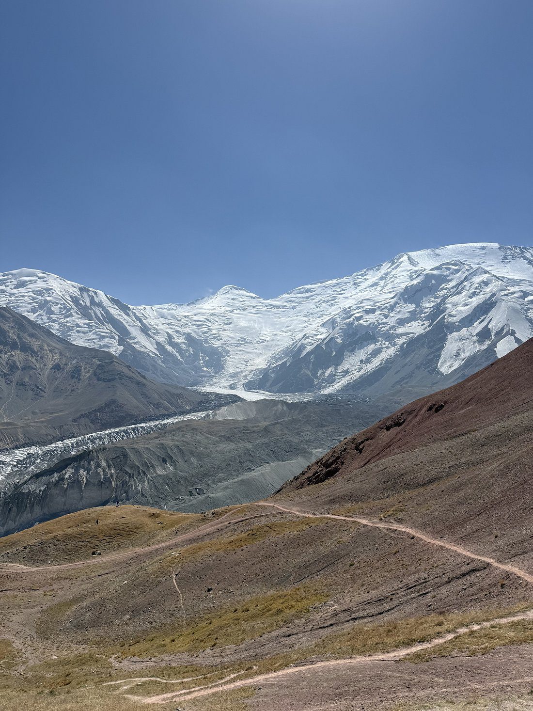 Snow-capped mountains and winding dirt trail through golden grasslands in Alay Valley, Kyrgyzstan