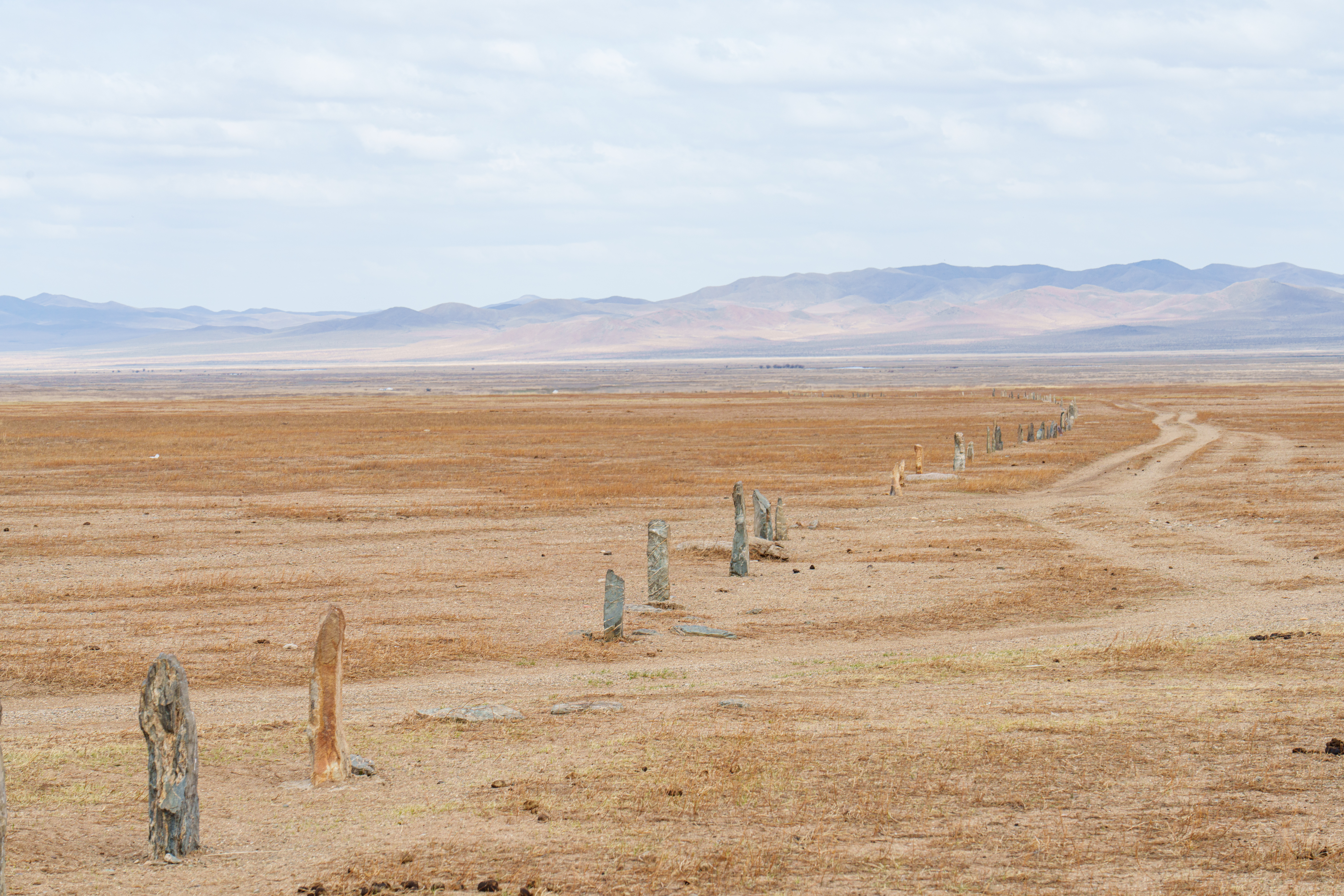 A long row of carved stone balbals stretches across dry steppe grassland toward distant hills at the Ungut site in Hustai National Park, Mongolia.