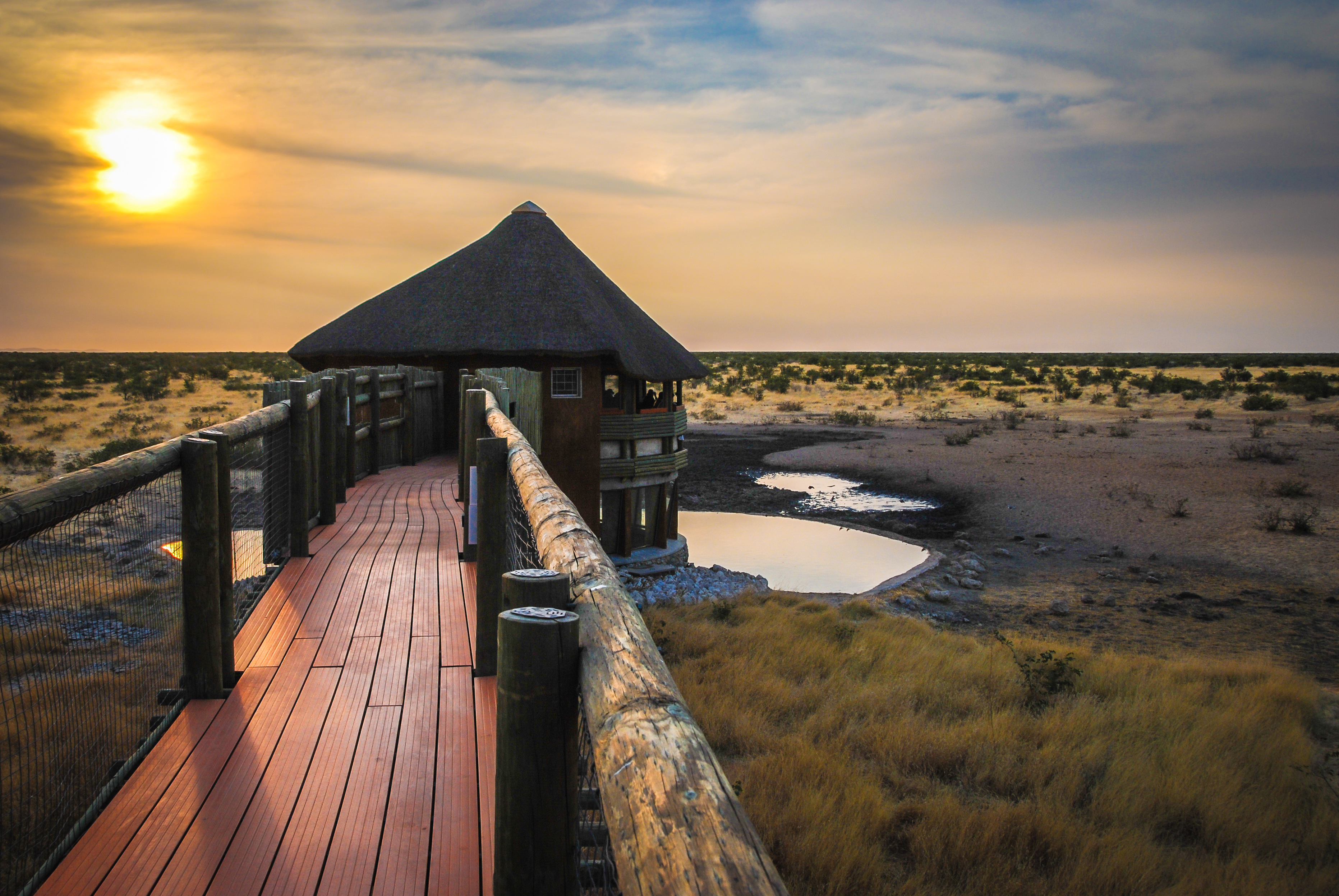 Elevated wooden walkway leads to a thatched-roof hide overlooking a waterhole at Olifantsrus camp in Etosha National Park at sunset