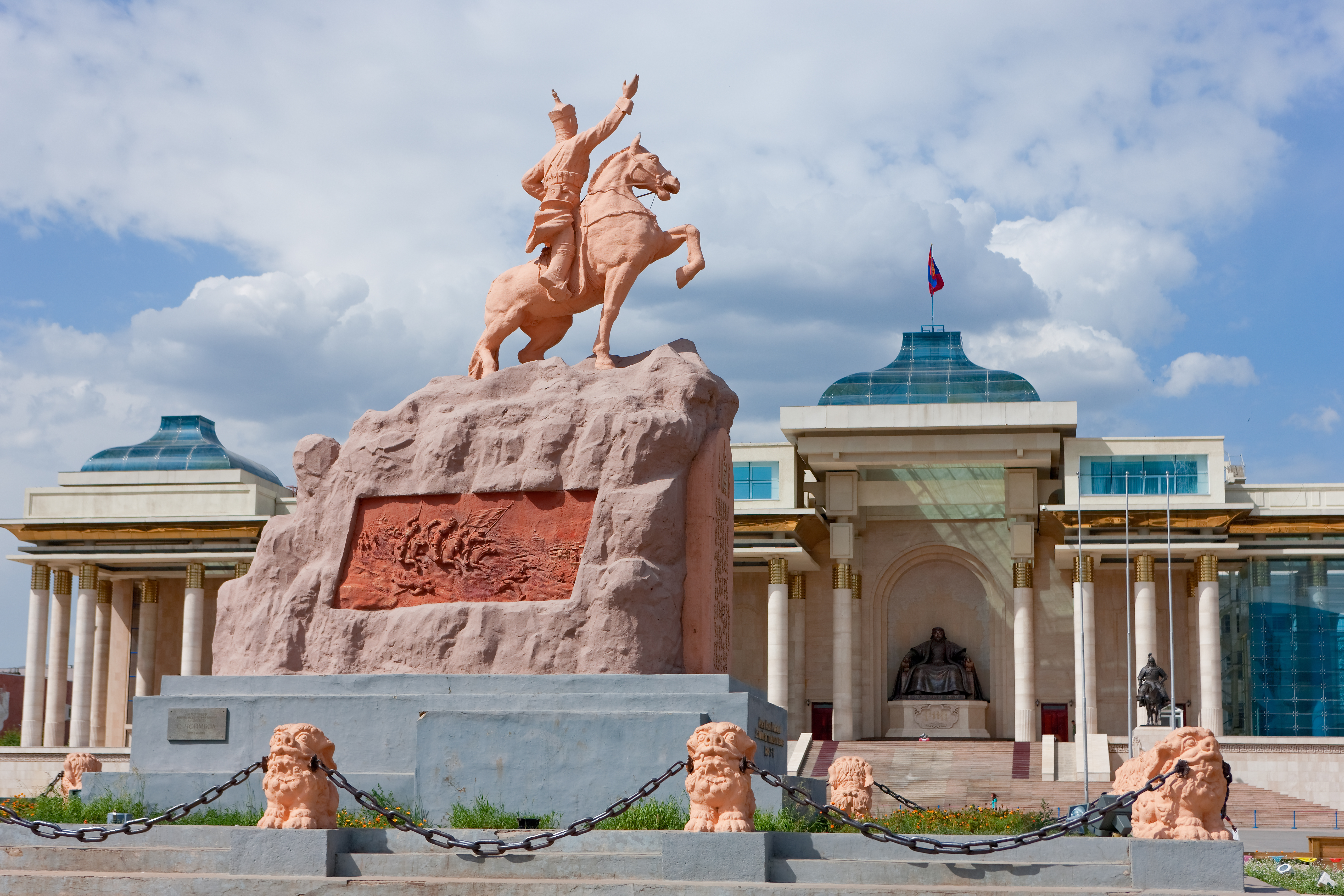 Equestrian statue of Sukhbaatar atop a rock plinth in front of the Government Palace on Sukhbaatar Square, Ulaanbaatar, Mongolia