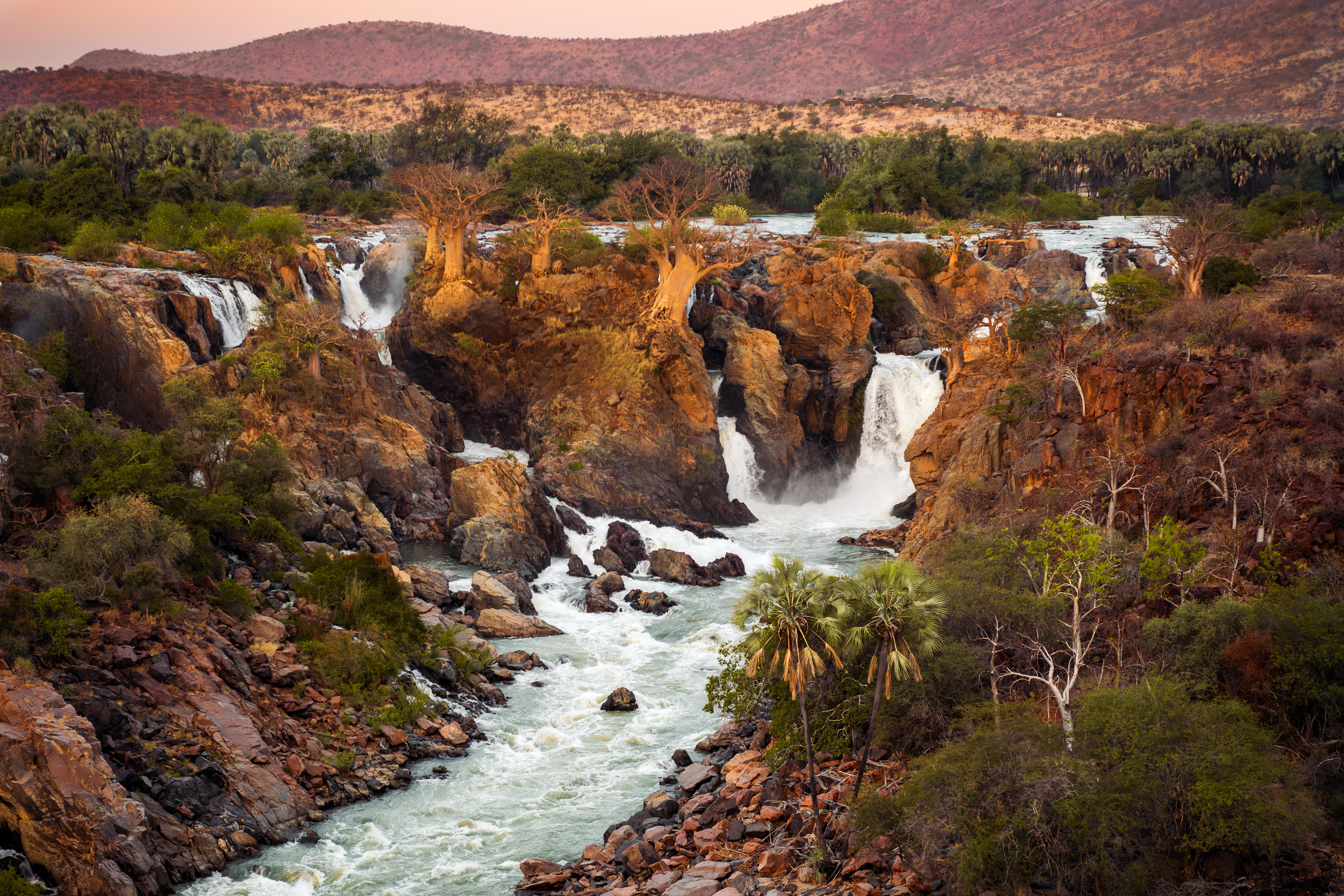 Epupa Falls cascades over rocky ledges lined with baobab trees as the Kunene River churns below in warm evening light