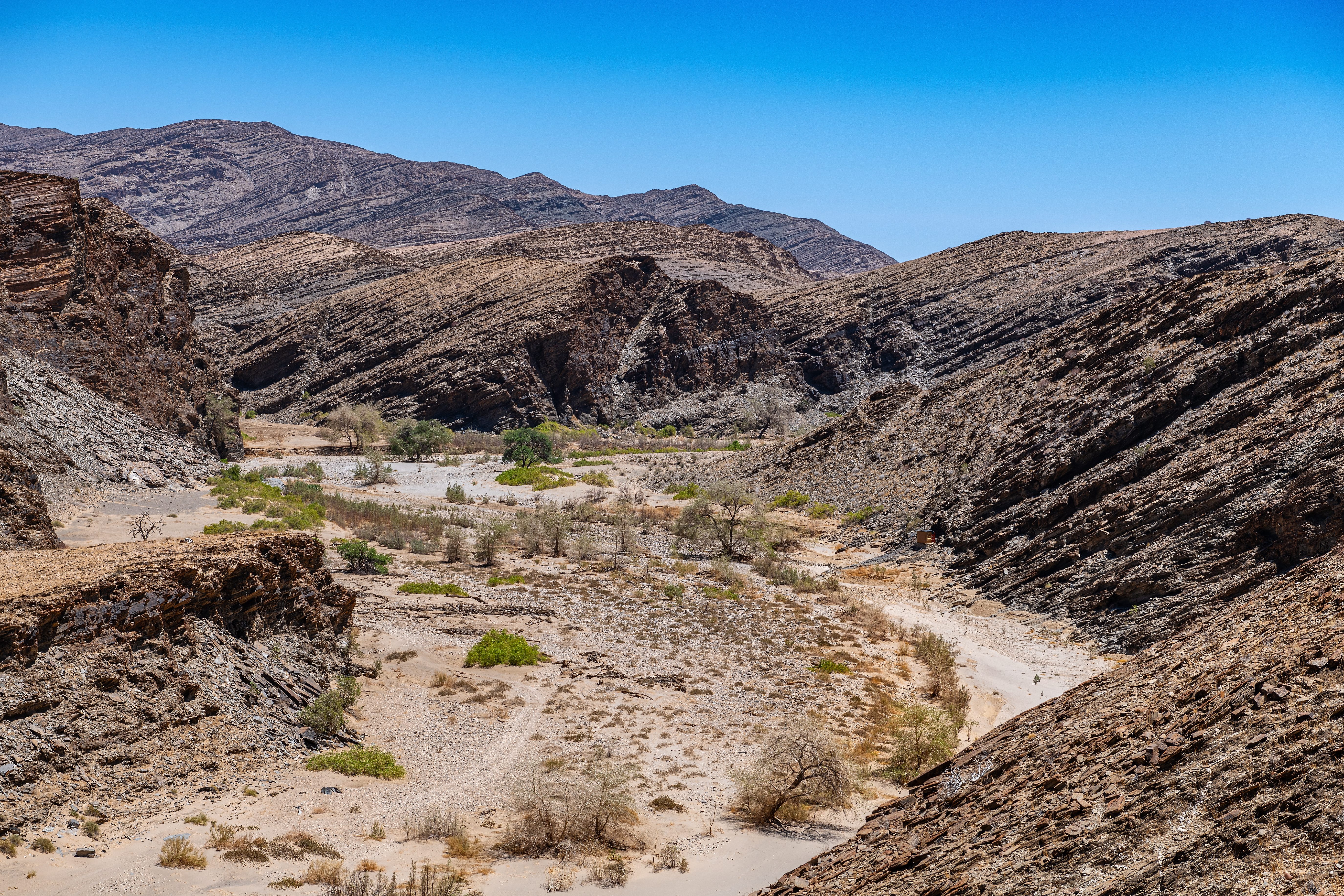 Layered rock walls of the Kuiseb Canyon descend to a dry riverbed lined with green trees and scrub, Namibia