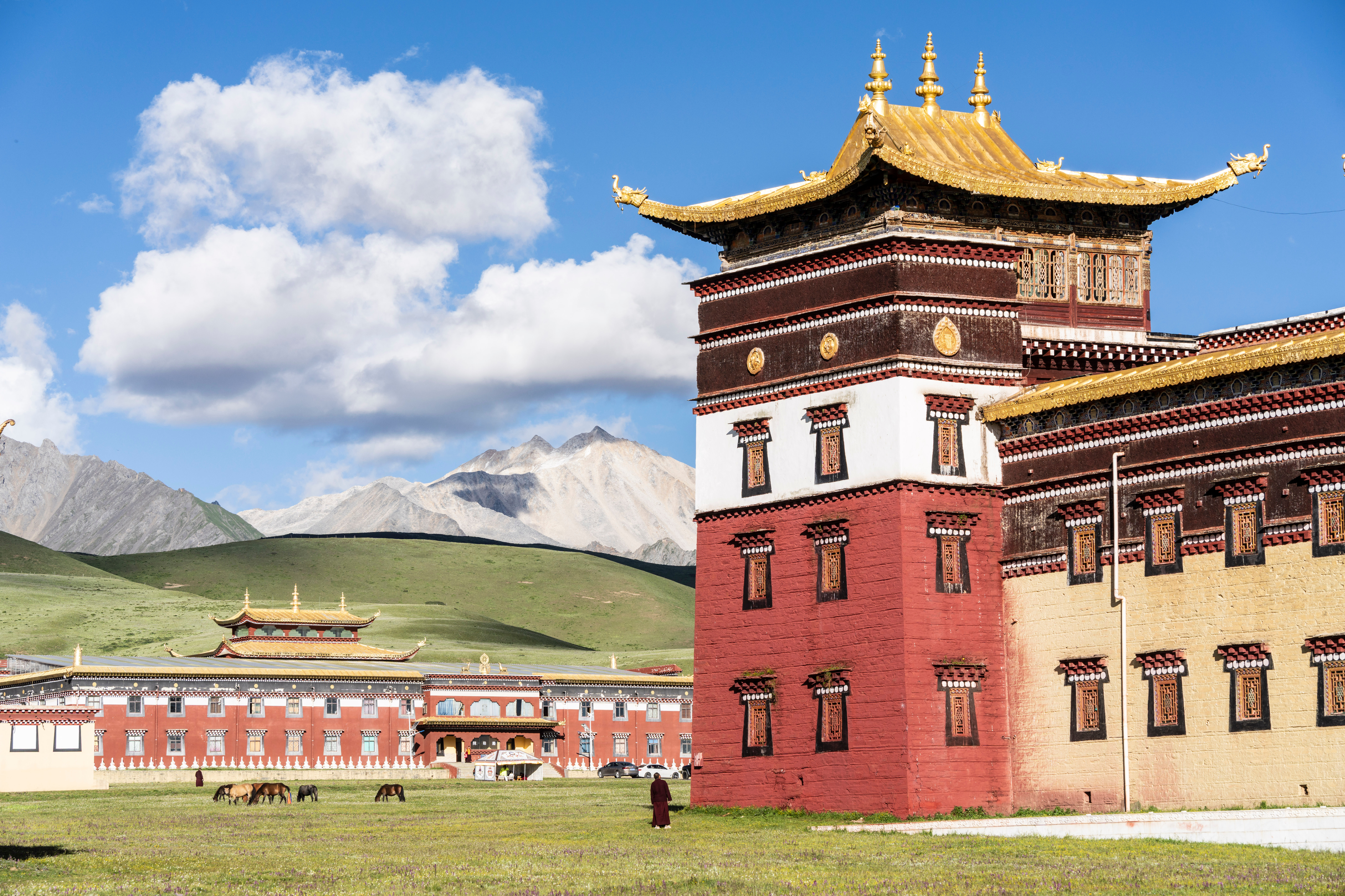 Tibetan Buddhist monastery complex near Tagong with gold-roofed tower, red and white walls, grazing horses, and a monk crossing the grass before snow-capped peaks