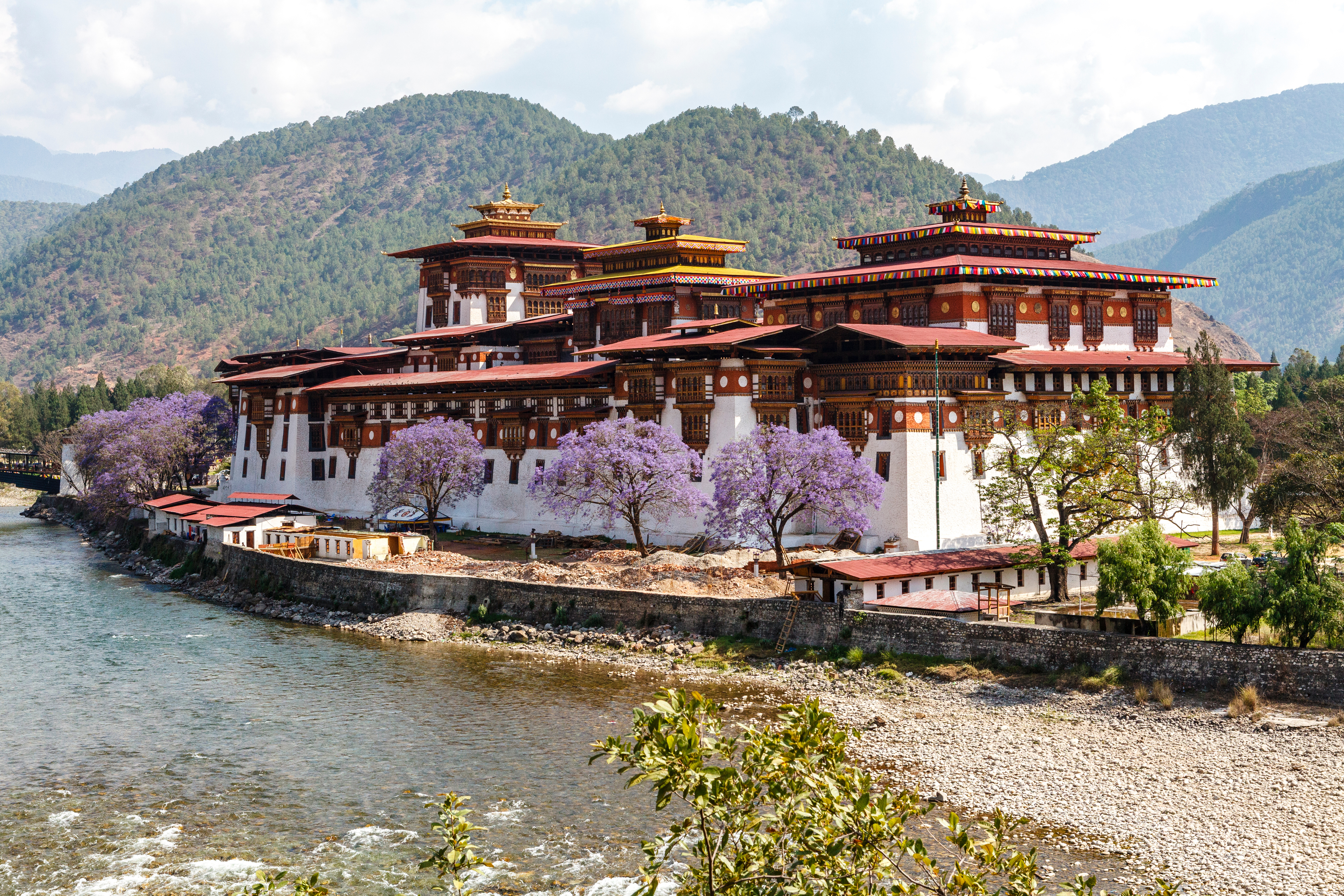 View at Punakha Dzong monastery and the landscape with the Mo Chhu river, Bhutan, Asia